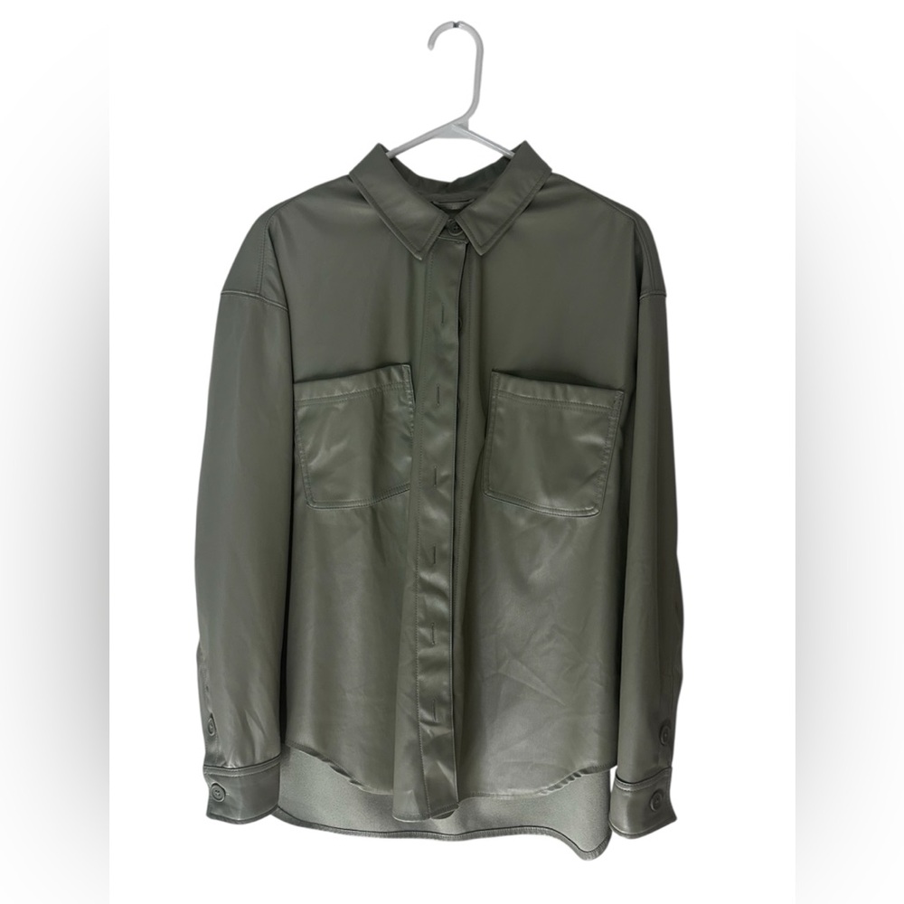 American Eagle Outfitters Olive Green Faux Leather Button-Front Shirt